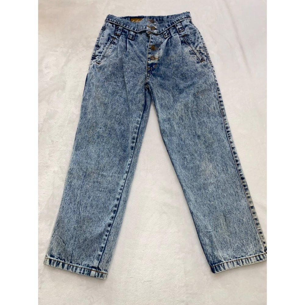 Vintage 80’s Button Fly Acid Wash Street Worn Hi-Waist Cropped Jeans Size 14